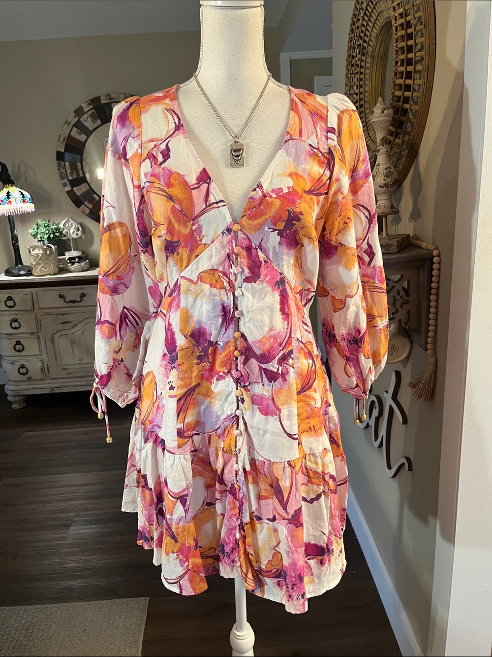 Kivari Nadia Linen Floral V-Neck Tiered Mini Dress in Pink & Orange